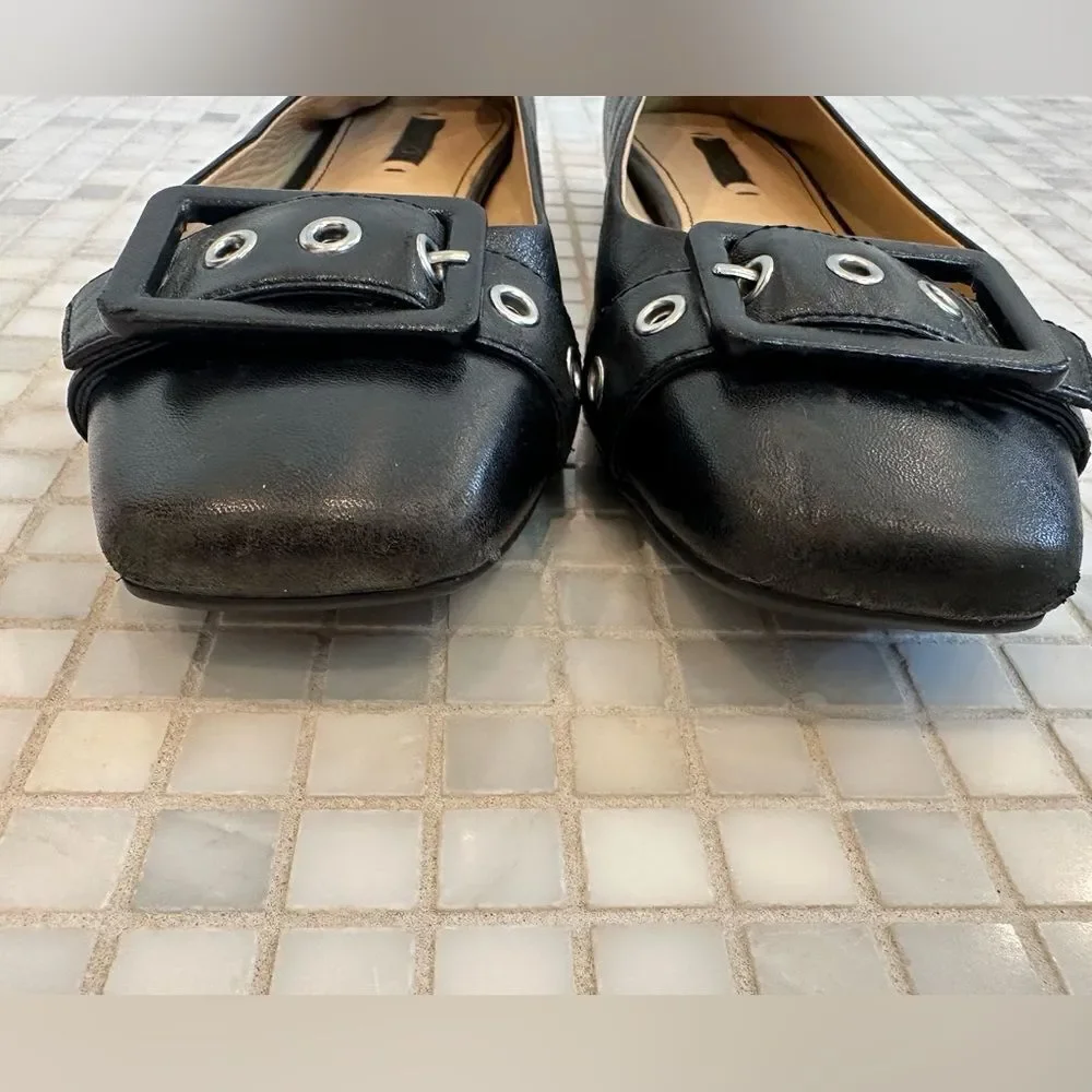 Ecco Shoes Black Leather Flats with Buckle Toe